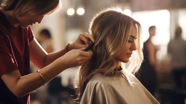 Selective Focus Of Hairdresser Cutting Hair Of Happy Woman In Beauty Salon.