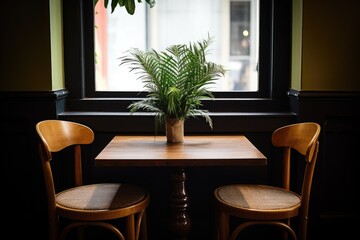 a table with a decorative plant between two empty chairs