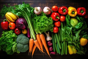 fresh organic fruits & vegetables viewed from above