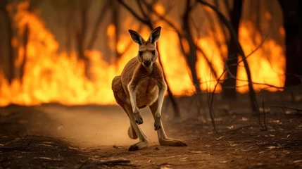Fototapeten Animals Running Escaping To Save Their Lives from the burning forest. climate change, droughts and forest fires concept © zayatssv