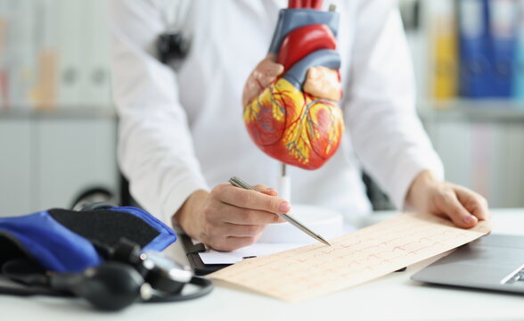 Close-up of plastic heart model, doctor examine electrogram result, professional diagnostic. Planned checkup at clinic, heart analysis. Cardiology concept