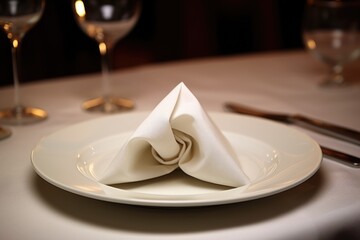 an elegantly folded napkin on a dinner plate