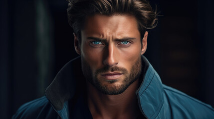 Fototapeta premium Striking headshot of a male model with rugged features, exuding masculinity and charm