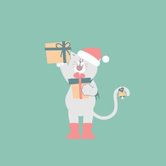 merry christmas and happy new year with cute cat and present gift box in the winter season green background, flat vector illustration cartoon character costume design
