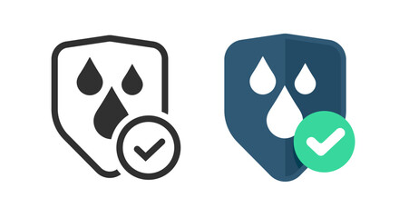 Waterproof icon shield vector, water proof protection symbol pictogram graphic line outline art logo flat, rain resistant defense glyph label silhouette, hydrophobic quality check mark guard image