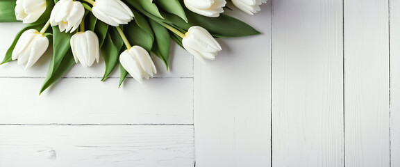 White Tulips composition with white background and copy space. Ideal concept for Valentines Day, Women's Day, Mother's Day, weddings