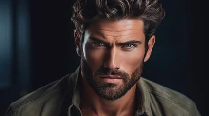 Fotobehang Striking headshot of a male model with rugged features,  exuding masculinity and charm © basketman23