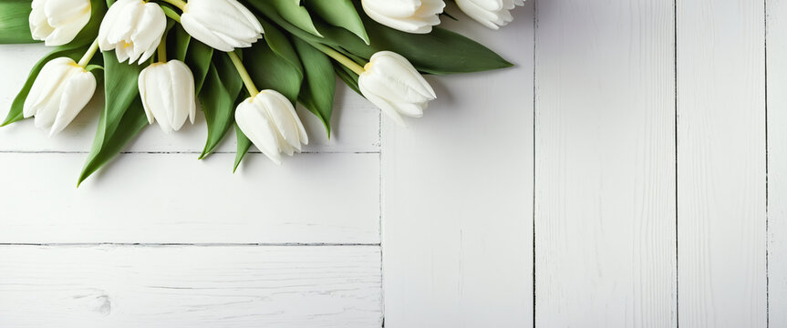 White Tulips composition with white background and copy space. Ideal concept for Valentines Day, Women's Day, Mother's Day, weddings