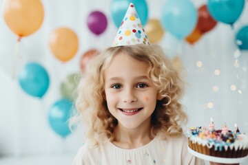 happiness young girl celebrate holding delecious birthday cake smiling cheerful enjoy party moment in living room at home
