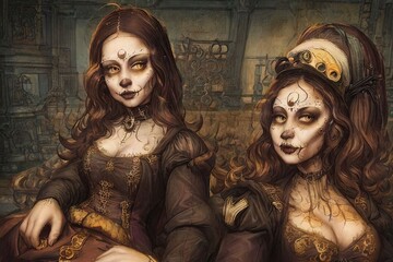 Mona lisa twins steampunk illustration