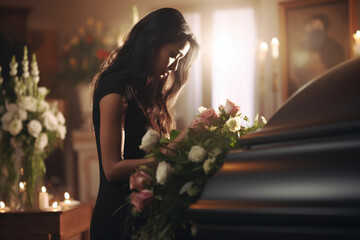 Funeral, sad and woman with flower on coffin after loss of a loved one, family or friend, Grief, death and young female putting a rose on casket in church with sadness, depression and mourning - obrazy, fototapety, plakaty