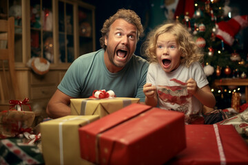 Fototapeta na wymiar Christmas morning unwrapping gift box presents the joy and excitement on children's faces.