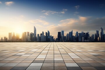 View of empty square floor and city skyline with building background. Generative AI