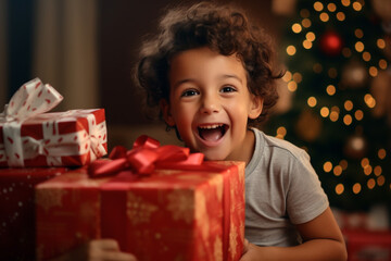 Christmas morning unwrapping gift box presents the joy and excitement on children's faces. - obrazy, fototapety, plakaty