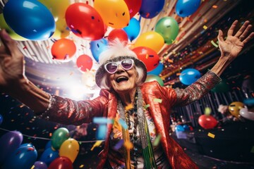 old woman female enjoy celebrate new year festive party exited fun cheerful with balloon and confetti paprtshoot decoration background