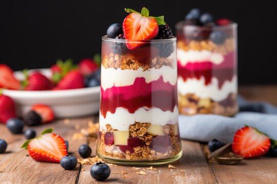 mason jar of layered parfait with granola and fruit