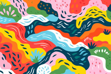 Fototapeta na wymiar Streams and rivers quirky doodle pattern, wallpaper, background, cartoon, vector, whimsical Illustration