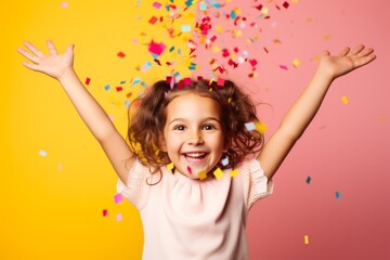 celebrate wonderful festive party laugh smile happiness young girl enjoy dance with confetti paper shoot against on color paper backdrop