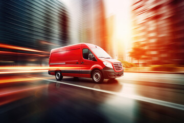 Fototapeta premium Delivery van driving through the city on a blurred city background. Fast delivery concept. AI generated