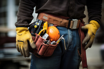 Fototapeta na wymiar Handyman with tools belt. Detail of man hands holding work gloves and wearing tool kit on waist. Generative AI
