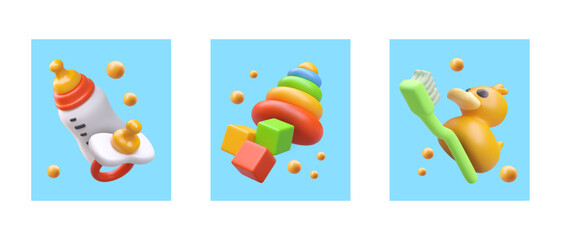 Children toys, food, hygiene items. Set of square color illustrations in cartoon style. Icons for application, website. Caring for babies. Concept for children goods store, pediatric blog