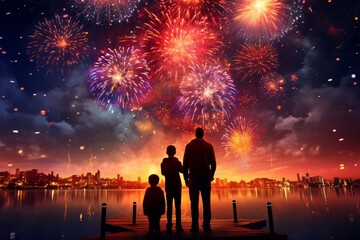 photo of family launched fireworks, lighting up the night sky with bursts of color celebrate new year's.