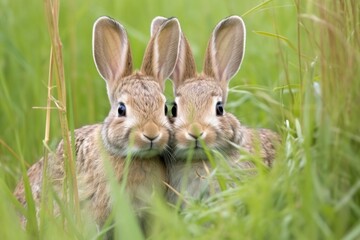 pair of rabbits huddled together in a grassy meadow