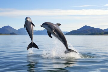 two dolphins jumping out of water together