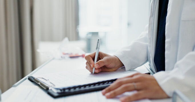 Doctor, hands and writing on checklist at desk for health, information and paperwork. Table, clipboard and closeup of medical woman on chart for prescription, notes or insurance document in hospital