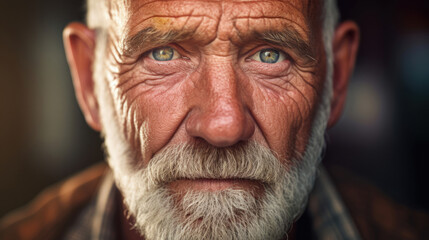 Close-up headshot of an older man with weathered skin,  reflecting a lifetime of experiences - obrazy, fototapety, plakaty