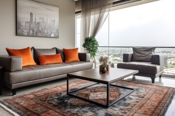 panoramic view of a furnished living room with a stylish sofa and coffee table