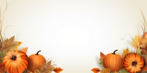 Naklejka na ściany i meble Autumn leaves and pumpkins background, AI generated