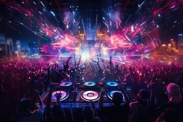 Crowd at a night club with a dj playing music in front of the stage, dj night club party rave with the crowd in music festival, AI Generated - Powered by Adobe