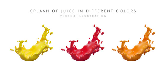 Obraz premium Set of splash of juice in yellow, red and orange colors. Poster for company selling different beverages. Colorful liquid concept. Vector illustration with place for text