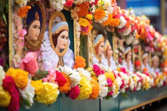 religious icons made of flowers on a parade float