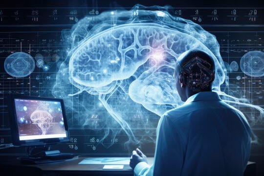 Technologies for brain. Mixed media. Mixed media. Mixed media, Doctor checking brain testing result with computer interface, Abstract, AI Generated