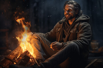 Obraz premium Man sat by the campfire.