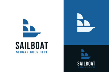 Simple Sail Boat Ship with 3 Sails Marine Nautical Journey Ocean Sea Logo Design Branding Template