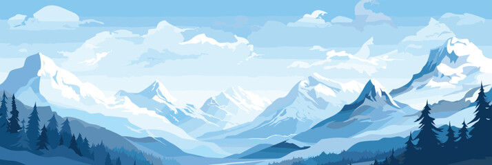 Mountain range with snowed peaks silhouette vector. Sunrise and sunset in mountains - obrazy, fototapety, plakaty