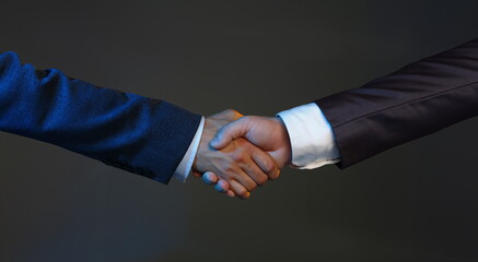 Close-up of biz partners shake hands, beneficial decision, support each other, confirm deal....