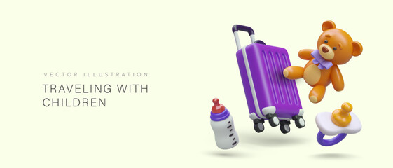 Concept of traveling with children. Kids accessories for vacations and flights. Realistic suitcase, teddy bear, pacifier, feeding bottle. Space for advertising text