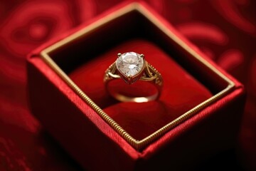 a golden engagement ring in a red velvet box