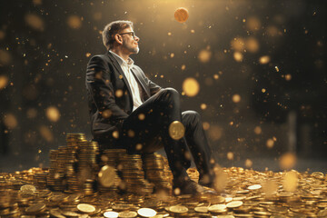 successful person sitting on wealth money cash