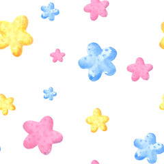 Seamless pattern of big and small cute colorful stars Watercolor hand drawn illustration for various design, decorating background, kids birthday and party, textile making, packaging, wrapping paper.