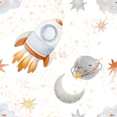 Watercolor seamless pattern with rockets in warm pastel colors. Ideal for baby textiles, wrapping paper and other projects.