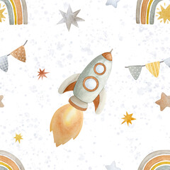 Watercolor seamless pattern with rockets in warm pastel colors. Ideal for baby textiles, wrapping...