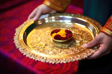 prasad offering placed on a golden plate in a gurdwara