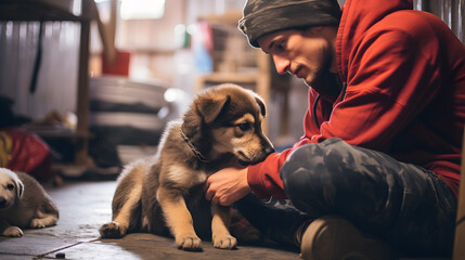 Man with puppy, adopting puppy rescue dog from shelter - obrazy, fototapety, plakaty