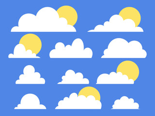 Cloudscape with Sun Vector Illustration. Set of clouds of different shapes.