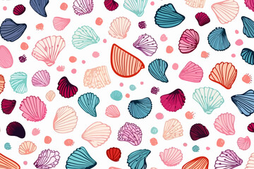 Seashells quirky doodle pattern, wallpaper, background, cartoon, vector, whimsical Illustration
